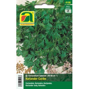 Austrosaat Koriander Caribe Saatgutpackung mit Korianderpflanze und Samen.