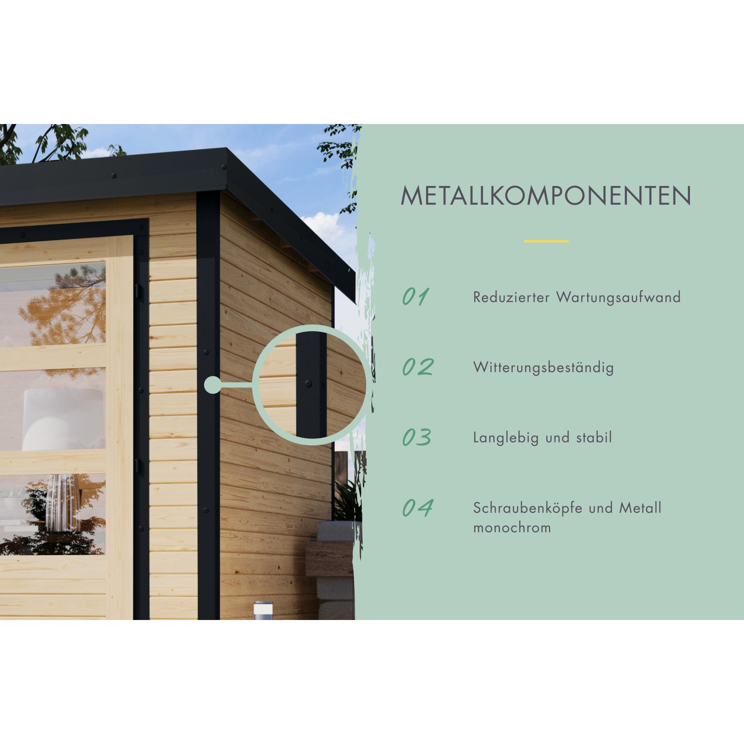 Detailansicht Karibu Gartenhaus Diego 3: Metallkomponenten für Stabilität und geringen Wartungsaufwand.