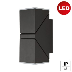 Moderne anthrazitfarbene E2 Elektro Wandleuchte Lyra Up-Down für den Außenbereich.