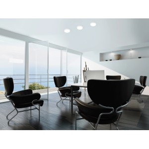 Modernes Wohnzimmer mit Eglo Connect LED Einbauleuchten Fueva 3er-Set in Weiß.