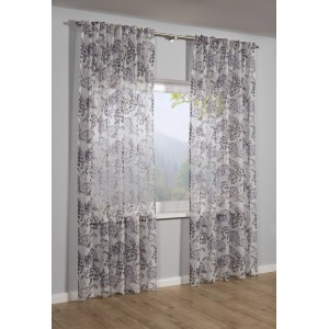 Sehlbach Fertigschal mit Botanikprint in Aubergine, lichtdurchlässige Scheibengardine.