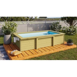 Karibu Holzpool Triton, kesseldruckimprägniert, mit Pooldeck und Leiter im Garten.