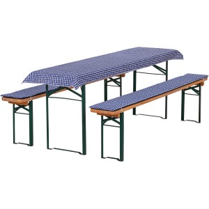 Auflagen-Set für Festzeltgarnitur in Blau-Weiß: Tischdecke und Bankauflagen mit Karomuster.