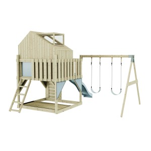 PolarPlay Kinderschaukel Lasse Eisblau mit Spielturm, Rutsche und Schaukel für den Garten.