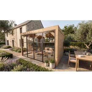 Moderne weka Gartenlaube Lumley aus Fichte mit Glaswänden, Schiebetür und Flachdach im Garten.