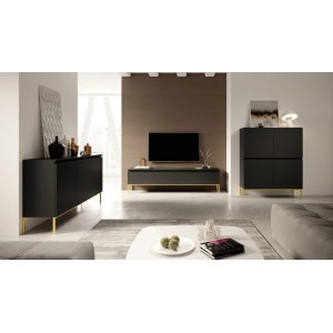 Modernes Selsey TV-Lowboard Bemmi 150 cm schwarz, mit zwei Türen und goldenen Metallfüßen im Wohnzimmer.