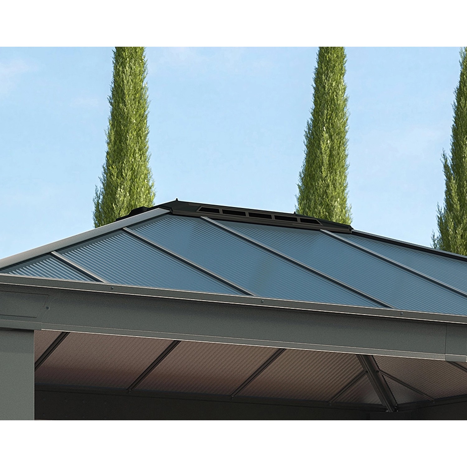 Detailaufnahme des anthrazitfarbenen Gartenpavillons Dallas 4.3 x 6.1 von Palram Canopia.