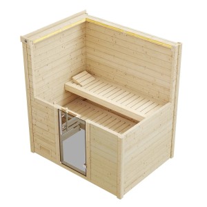 Weka Massivholzsauna Bergen mit Glastür, naturbelassenes Fichtenholz, zwei Liegen. Ideal für entspannende Saunaerlebnisse.