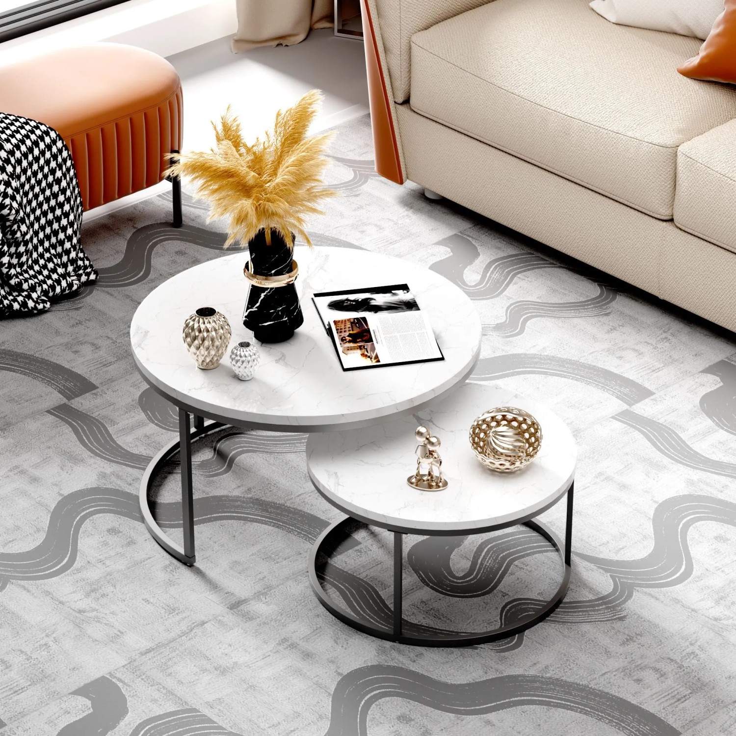 okwish Beistelltisch mit Stapelbarem Metallrahmen Wohnzimmer 87x 87x13cm Schwarz_2
