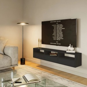 Schwarzes, wandmontiertes Selsey TV-Hängeboard Framme 150 cm mit offenen Ablagen und Klappen im modernen Wohnzimmer.
