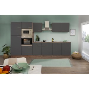 Respekta Küchenzeile KB330EYGMIGKE, 330 cm, Grau Seidenglanz mit Eiche York Dekor, inklusive E-Geräte.