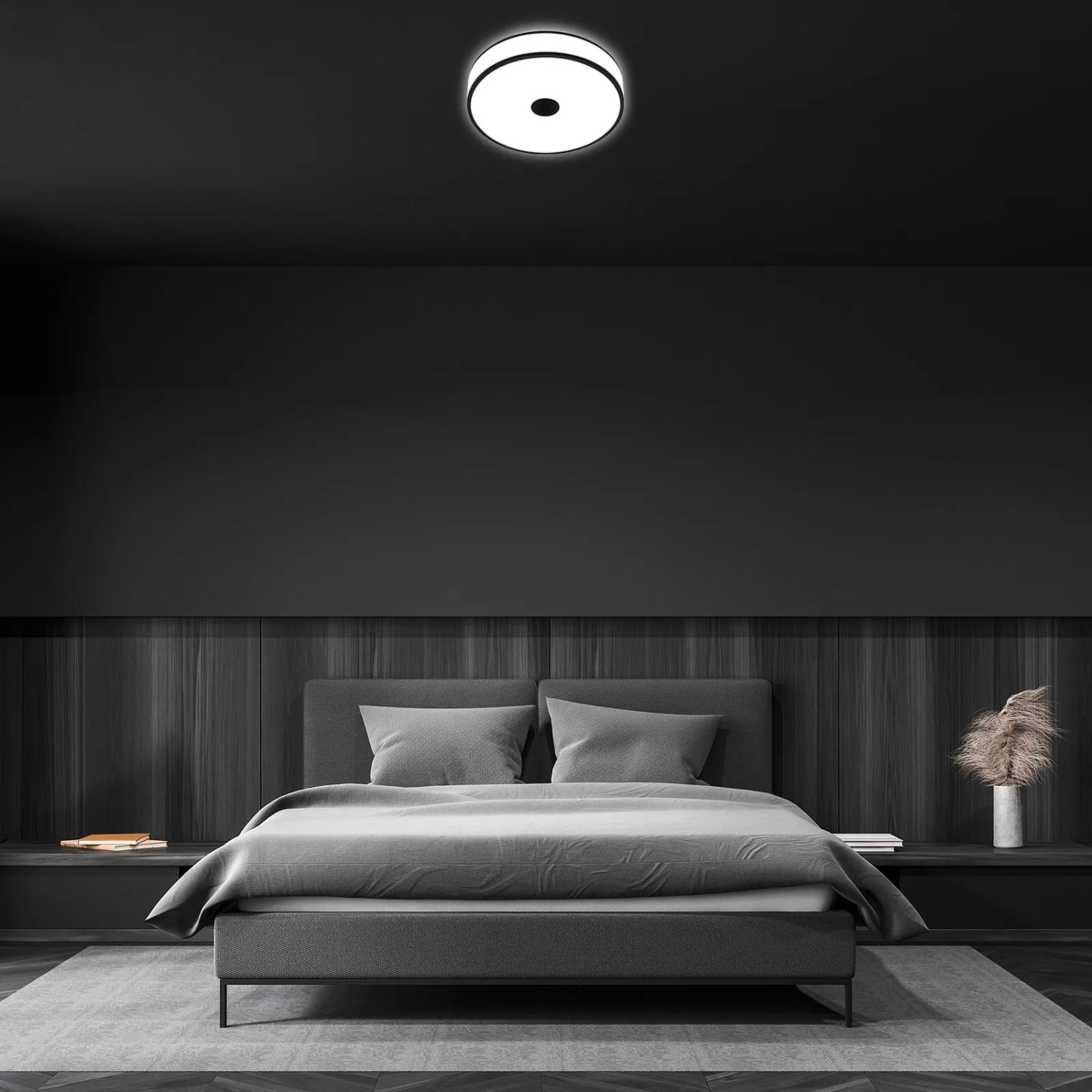 Moderne LED-Deckenleuchte Block von Briloner mit schwarzen Ringen, neutralweißes Licht im Schlafzimmer.