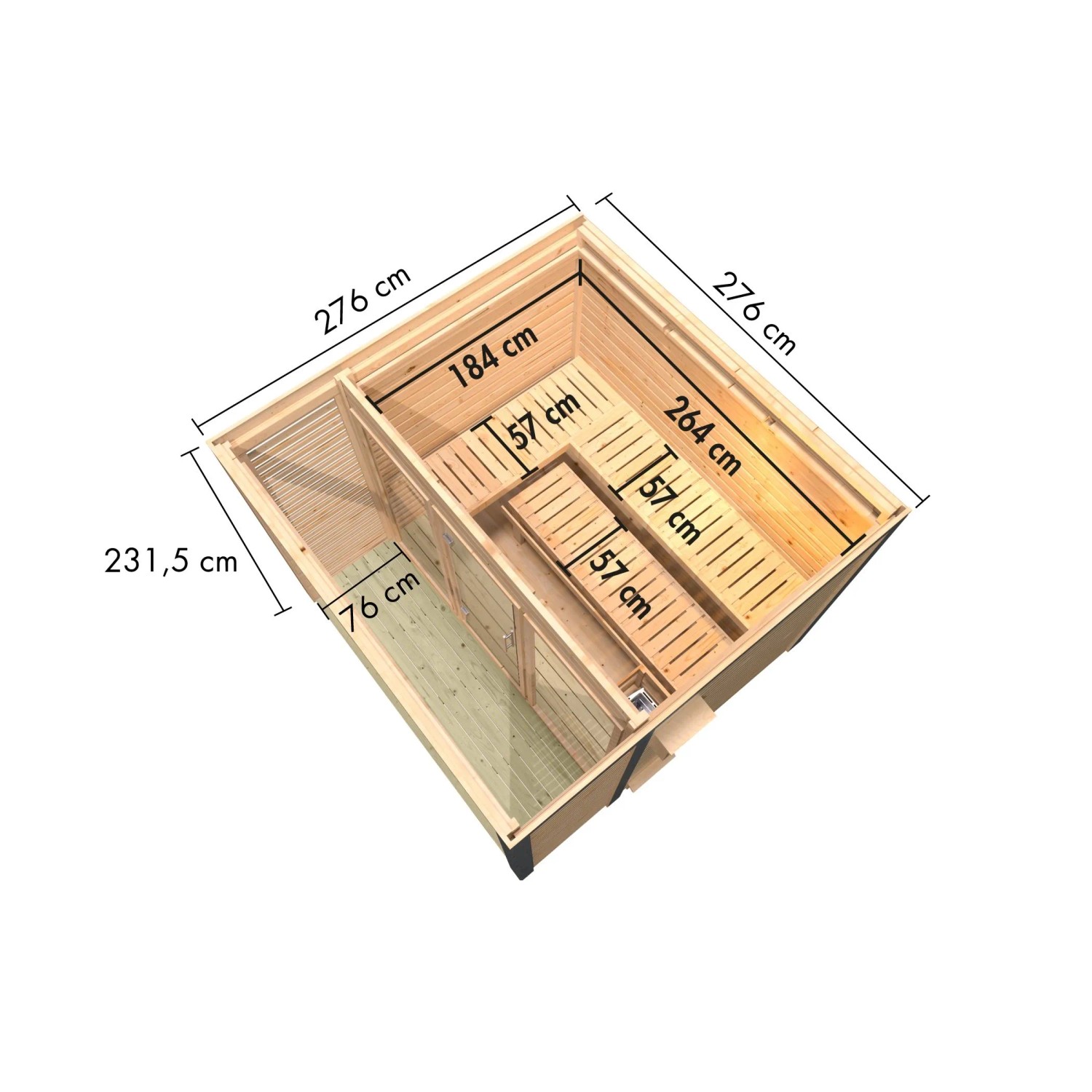 Draufsicht Karibu Saunahaus Seros 3: Maße und Innenaufteilung mit Bänken dargestellt.