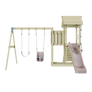 PolarPlay Babyschaukel Uppsala altrosa mit Spielturm und Rutsche.