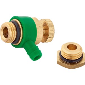 Entleerungsventil 13,2 mm aus Messing mit grünem Griff und Blindstopfen für Wasserleitungen.