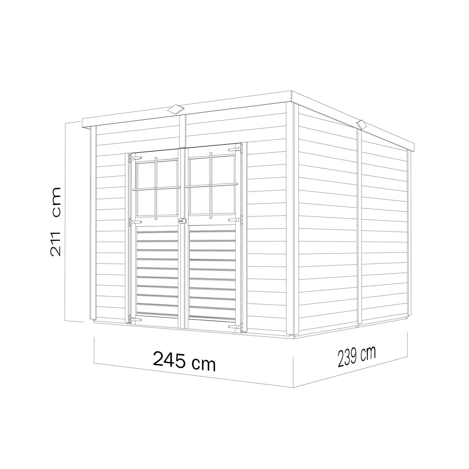 Skizze: Bertilo Holz-Gartenhaus Alster, 245x239 cm, naturbelassen, mit Doppeltür und Maßangaben.