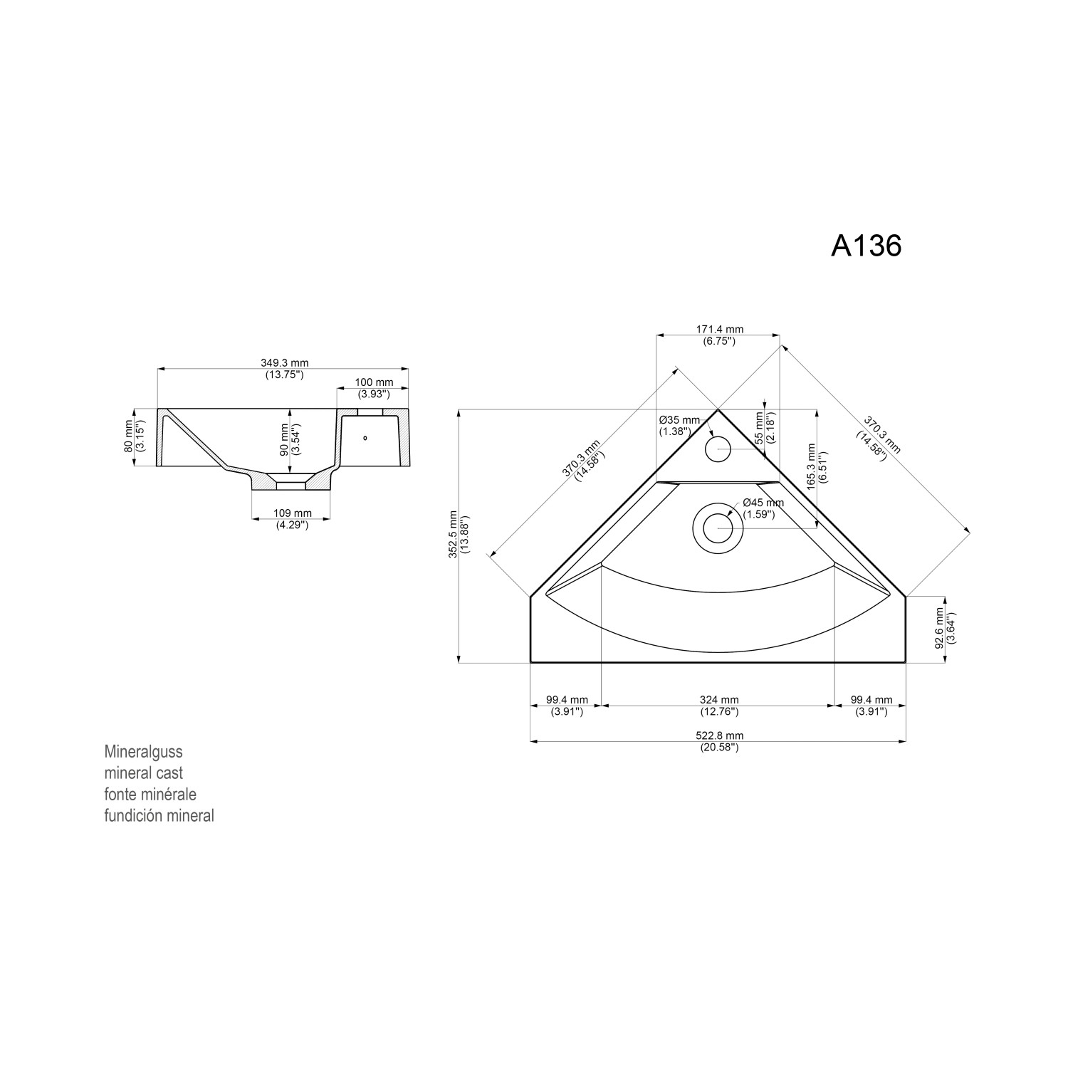 Technische Zeichnung: Posseik Eckbadmöbel Delta Slimline, Maße und Details für Gäste-WC.