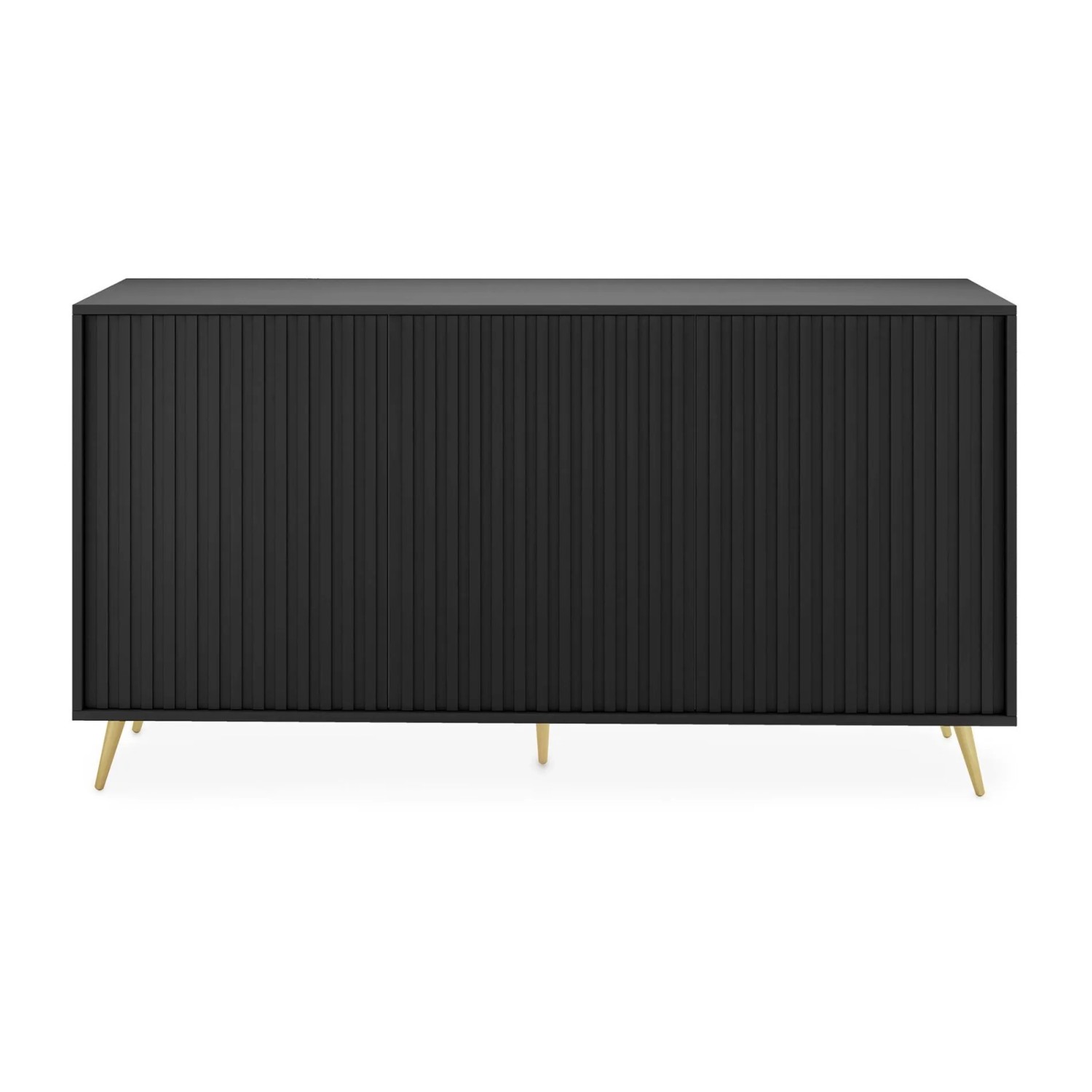 Schwarzes Selsey Sideboard Bello mit Lamellenfronten und goldenen Beinen. Modernes Design für Wohnzimmer.