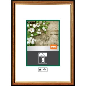 OBI Holz-Wechselrahmen Nuss-Gold, 21x29,7 cm, mit schmalem, abgerundetem Profil und goldfarbener Innenkante.