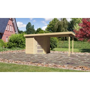 Karibu Holz-Gartenhaus Linköbing mit Flachdach und Anbau, unbehandelt.