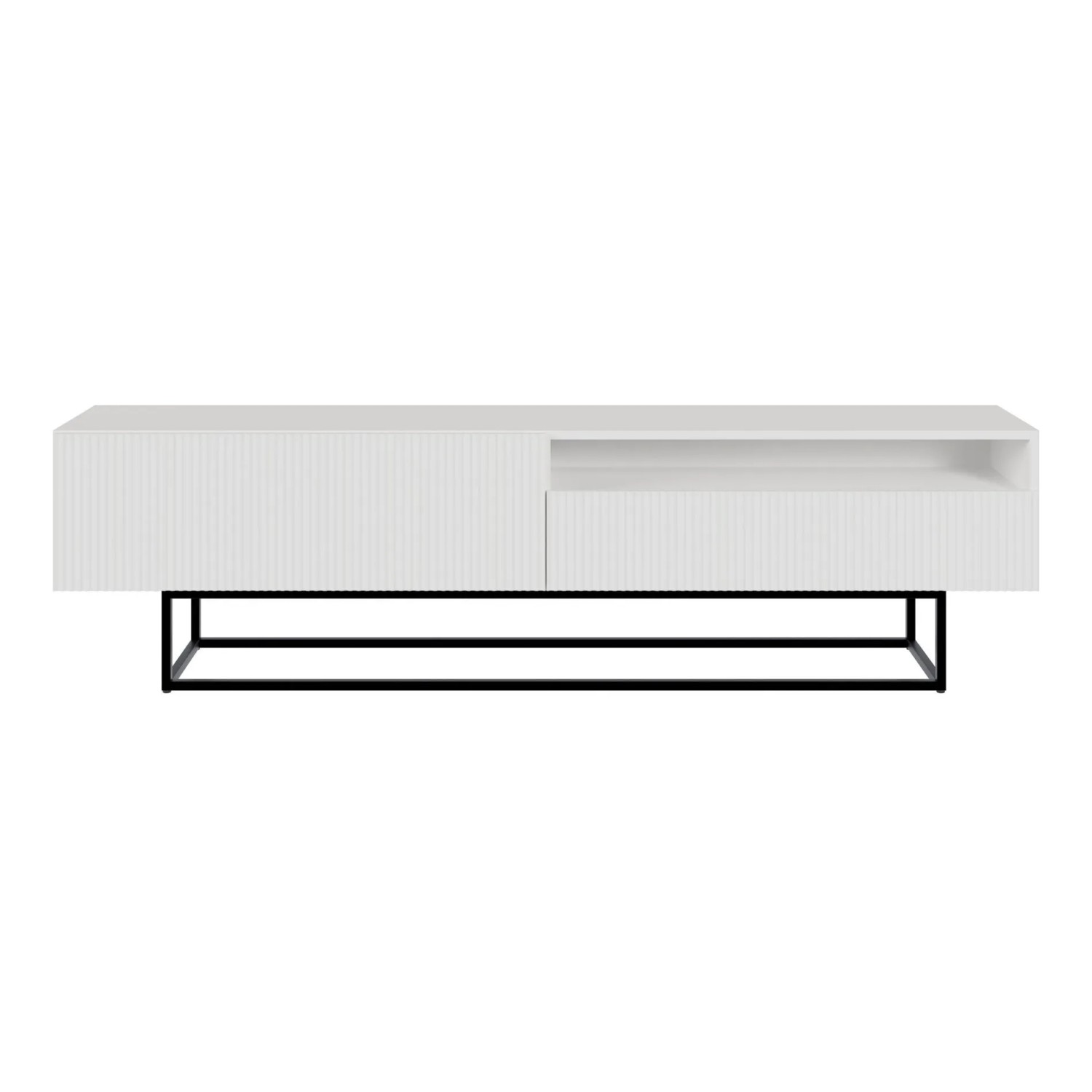 Weißes Selsey TV-Lowboard Veldio mit Lamellenfront, offenem Fach und schwarzem Gestell. Moderner TV-Schrank.