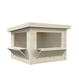 Naturbelassener Palmako Marktstand Lenna Set mit zwei Verkaufsklappen aus Fichtenholz.