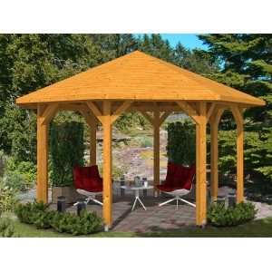 Skan Holz Pavillon Nice 2, Eiche hell, 484x484 cm. Holzpavillon mit Massivholzdach für den Garten.
