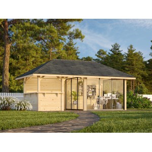 Palmako Pavillon Bianca Set, 588x300 cm, weiß lackiert. Weekendhaus mit Schiebetüren und Tresen.