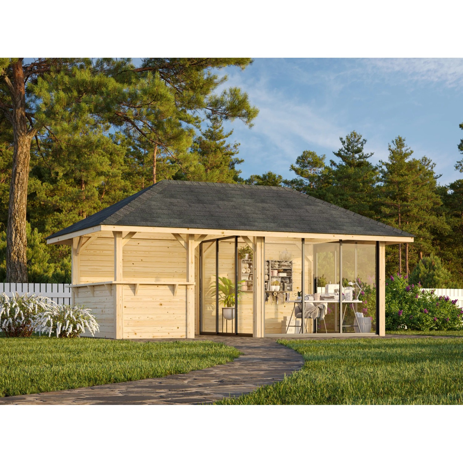 Palmako Pavillon Bianca Set, 588x300 cm, weiß lackiert. Weekendhaus mit Schiebetüren und Tresen.