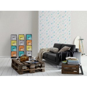 Wohnraum mit A.S. Creation Vliestapete Skandinavian Uni Creme FSC® mit blau-grauem Dreiecksmuster.
