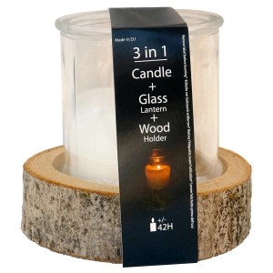 Sunny Garden Windlicht mit Glas, Kerze und Holzsockel, Ø 18x16 cm. Dekorative Laterne für gemütliche Stunden.