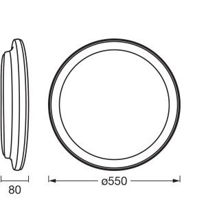 Technische Zeichnung: Ledvance LED-Deckenleuchte Orbis Pederson, weiße Deckenlampe, Durchmesser 55 cm, Höhe 8 cm.
