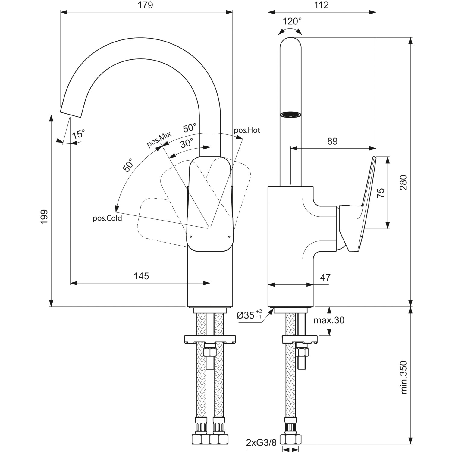 Technische Zeichnung: Ideal Standard Ceraplan Waschtischarmatur, Chrom, H200, Maße und Winkel.