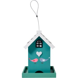 Herzförmiges Vogelhaus Ambiente aus Holz mit Vogel-Motiv und Aufhängung.