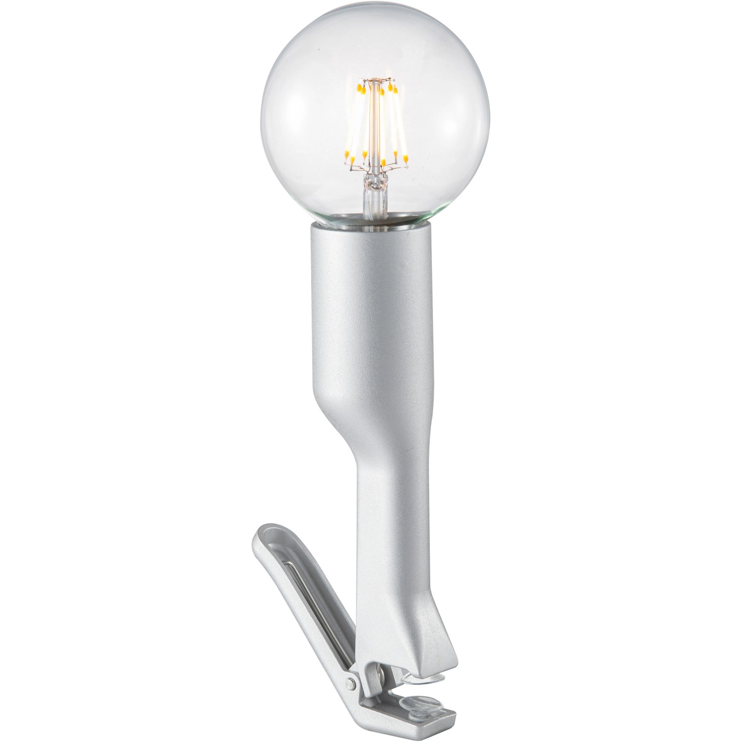 Silberne Klemmleuchte „Turn me“ von Just Light mit runder Glühbirne. Design-Tischlampe.