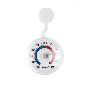 Weißes Mebus Fensterthermometer aus Kunststoff mit analoger Anzeige.