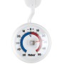 Weißes Mebus Fensterthermometer aus Kunststoff mit analoger Anzeige.