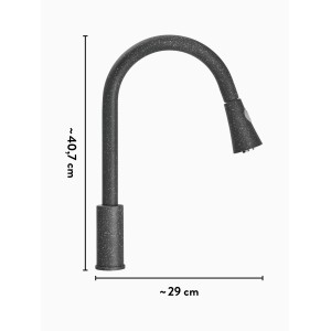 baliv Küchenarmatur KI-1300 in Schwarz Granitoptik mit Geschirrbrause und Maßangaben.