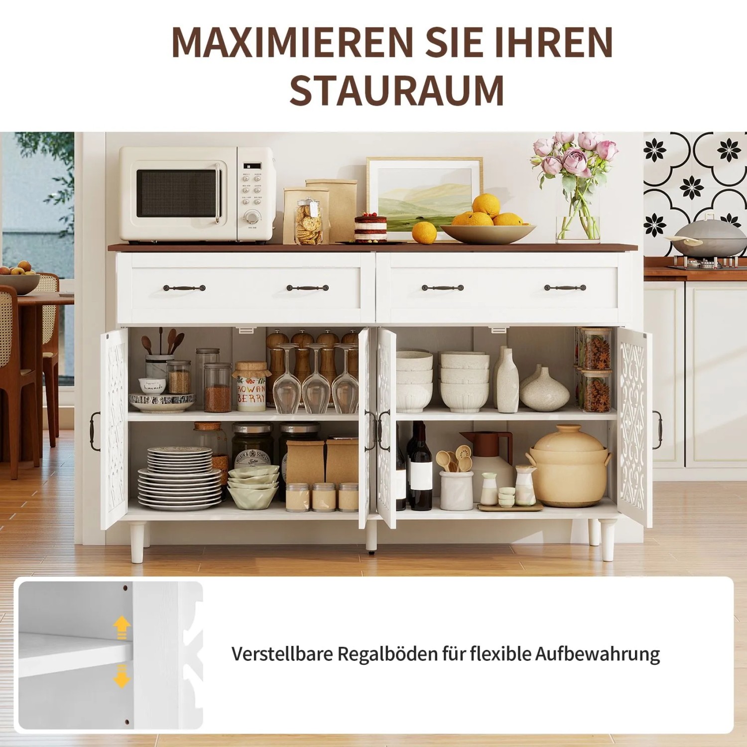 okwish Sideboard mit 4 Türen 2 Schubladen Wohnzimmer 150x90x40cm Weiß_6