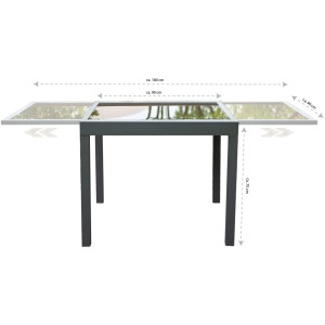 Ausziehbarer Gartentisch Verano von Home Deluxe, anthrazitfarbenes Gestell, Glasplatte, Maße eingeblendet.