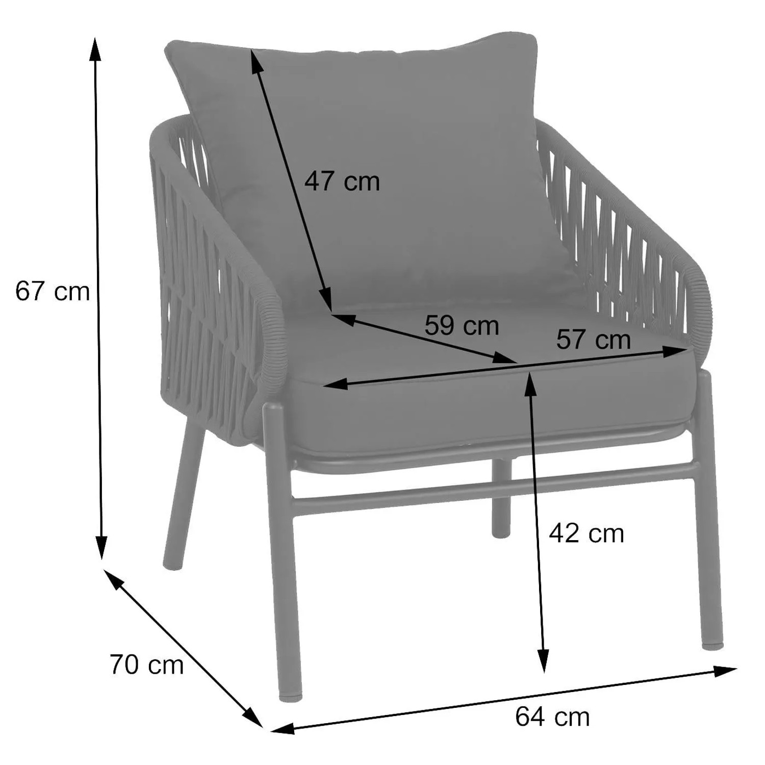 Hellgrauer MCW Gartenstuhl P90 mit Seilgeflecht, Textilbezug und Polster.