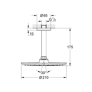 Technische Zeichnung: Grohe Rainshower Cosmopolitan 210 Kopfbrause mit Deckenauslass, Maße und Details.