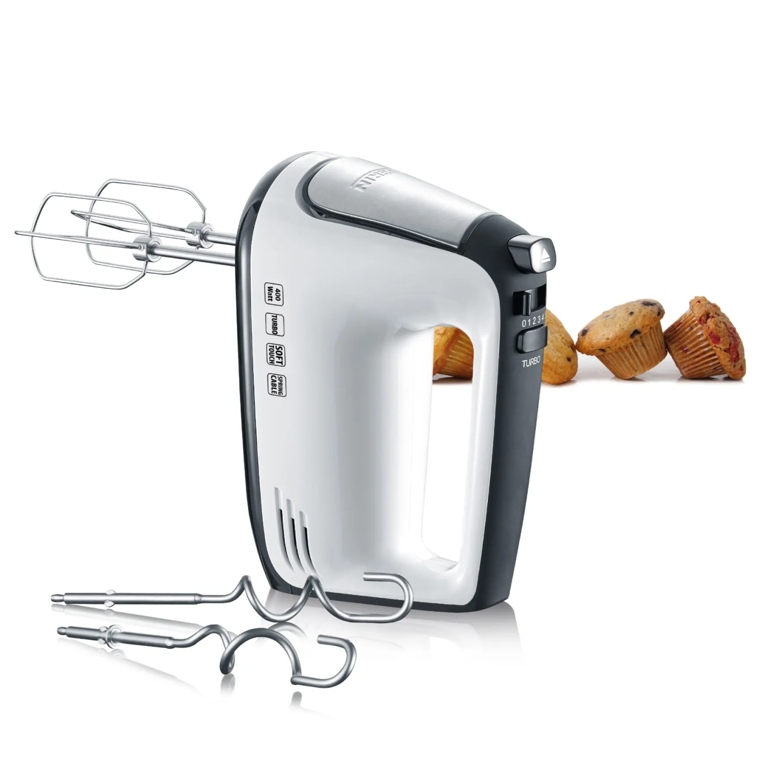 Severin Handmixer HM 3830 in Weiß-Schwarz mit Rührbesen und Knethaken.