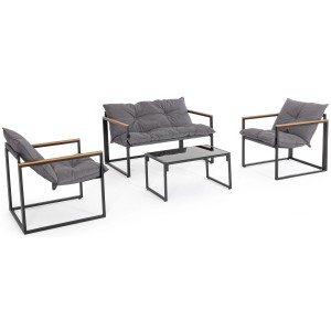 Graues 4-teiliges Lounge-Set Ilda mit Stahlgestell, bestehend aus Sofa, zwei Sesseln und Tisch mit Glasplatte.