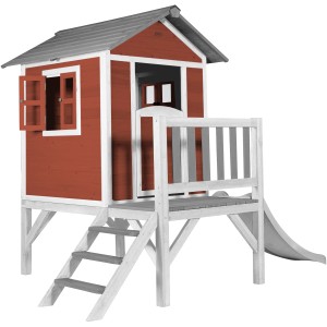 Axi Lodge XL Spielhaus in skandinavischem Rot mit Rutsche, aus Holz, mit Fenster und Veranda.
