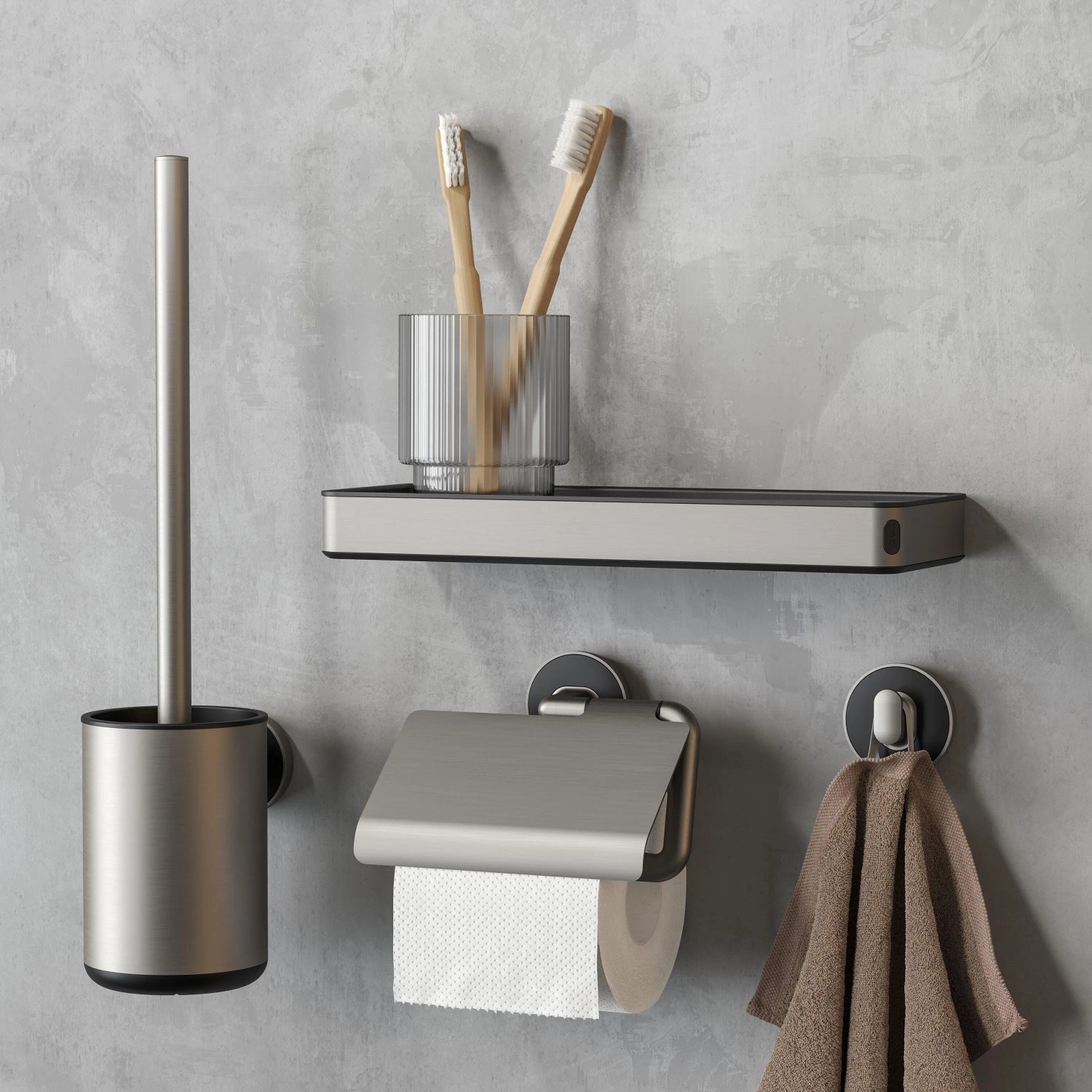 Tiger Cooper Toilettenpapierhalter mit Deckel, gebürsteter Edelstahl/Schwarz im Badezimmer.