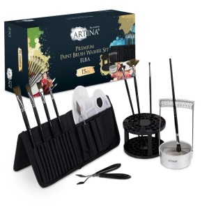 Artina Elba Set: Pinsel, Pinselhalter, Pinselwäscher, Spachtel und Tasche für Künstlerfarben.
