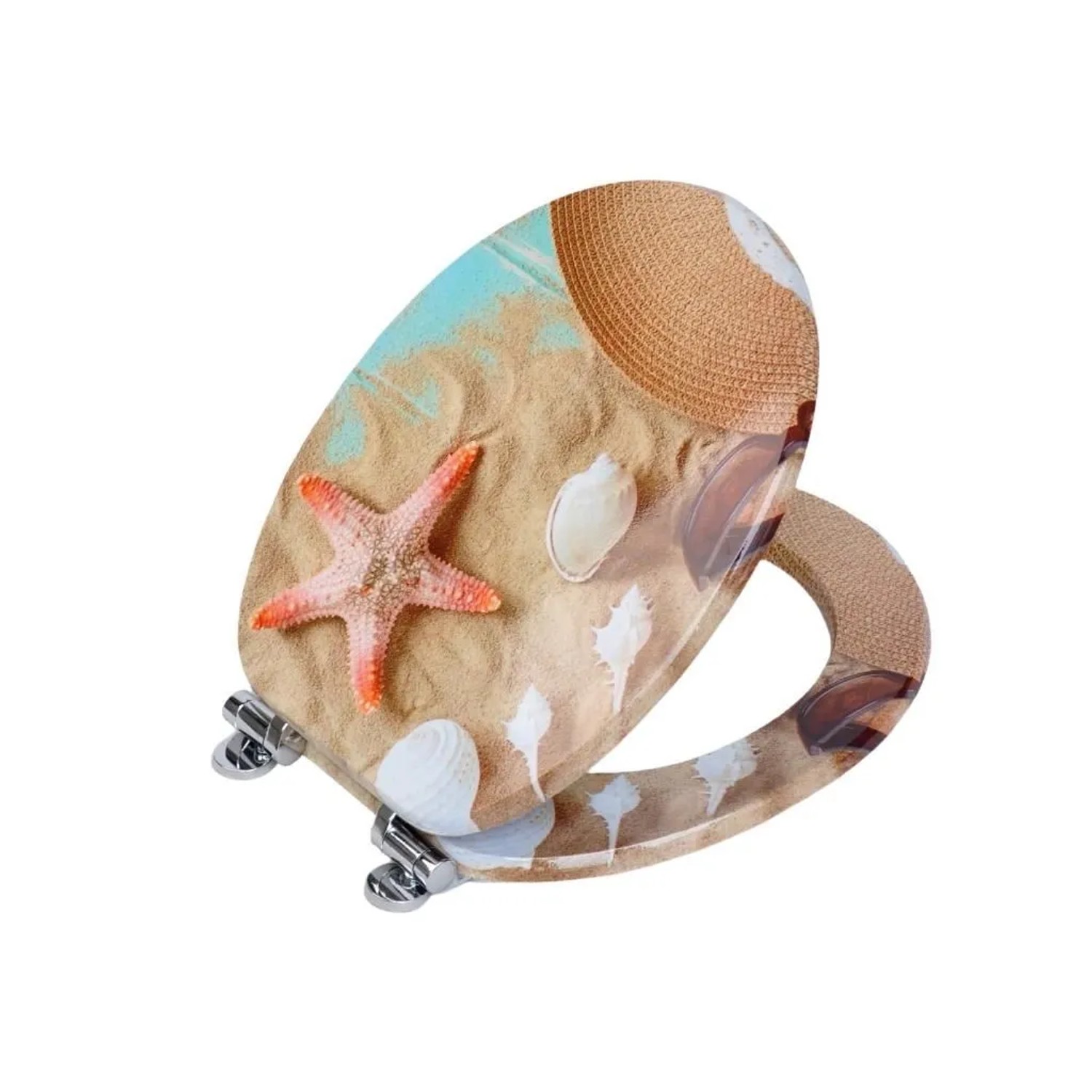 Sinobath WC-Sitz oval mit Strandmotiv: Sand, Seestern, Muscheln, Strohhut. Robuster Sitz mit Absenkautomatik.