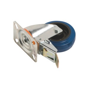 Transport-Lenkrolle mit blauem Elastikrad, Feststeller und verzinktem Stahlgehäuse. Tragkraft 150 kg.