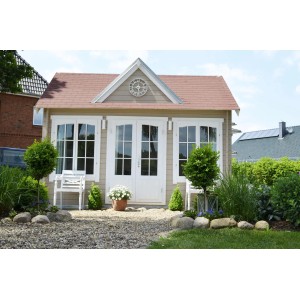 Alpholz Gartenhaus CLOCKHOUSE-28 mit Satteldach, unbehandelt, im Garten.